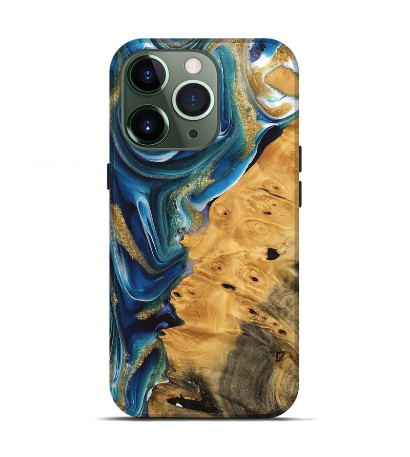 iPhone 13 Pro Wood Live Edge Phone Case - Emmet (Teal & Gold, 747204)