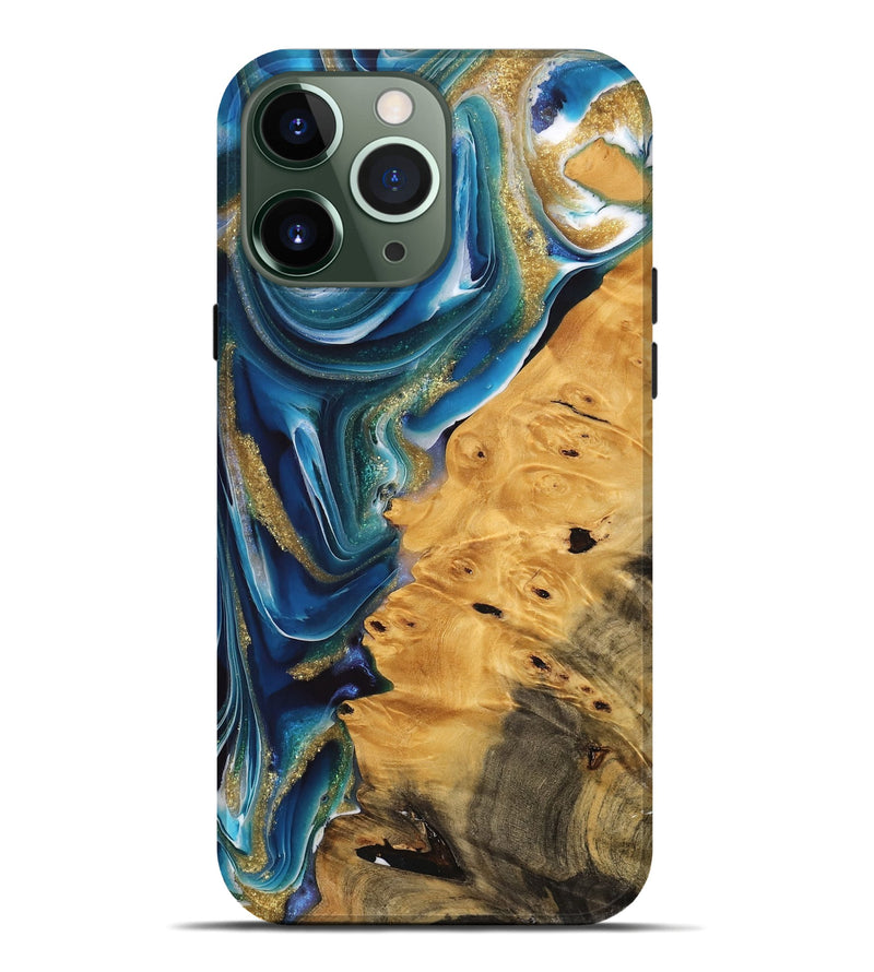 iPhone 13 Pro Max Wood Live Edge Phone Case - Emmet (Teal & Gold, 747204)