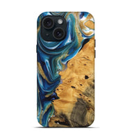 iPhone 15 Wood Live Edge Phone Case - Emmet (Teal & Gold, 747204)