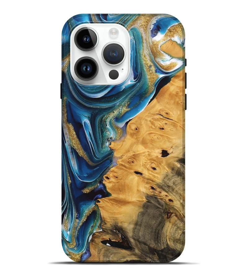 iPhone 15 Pro Max Wood Live Edge Phone Case - Emmet (Teal & Gold, 747204)