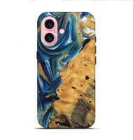 iPhone 16 Wood Live Edge Phone Case - Emmet (Teal & Gold, 747204)