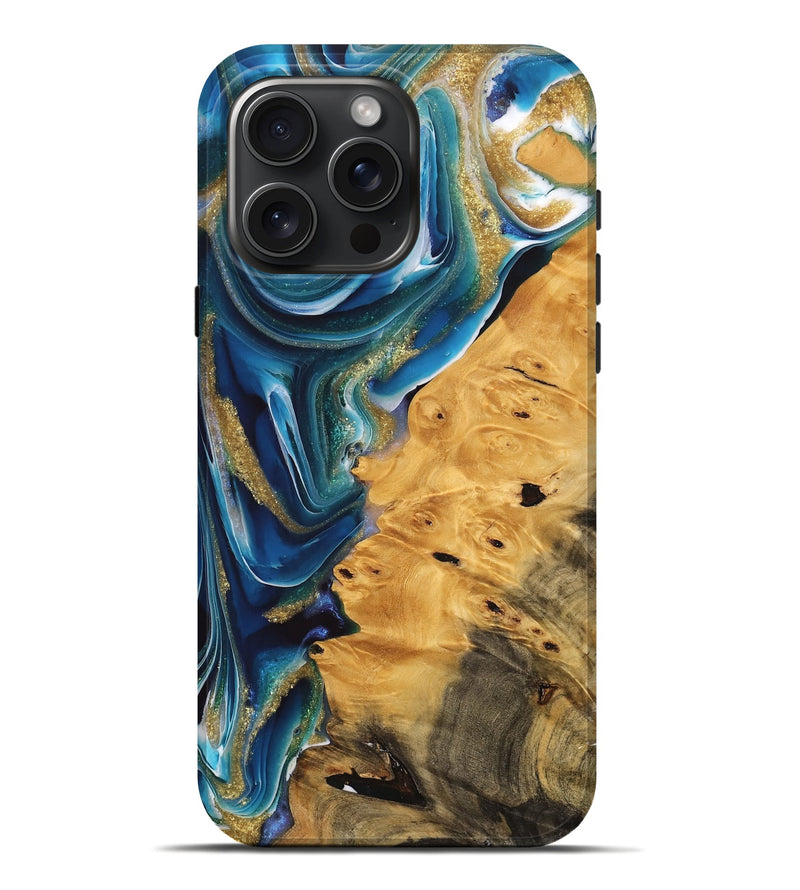 iPhone 16 Pro Max Wood Live Edge Phone Case - Emmet (Teal & Gold, 747204)