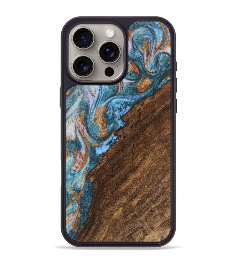 iPhone 16 Pro Max Wood Phone Case - Marcel (Teal & Gold, 747322)