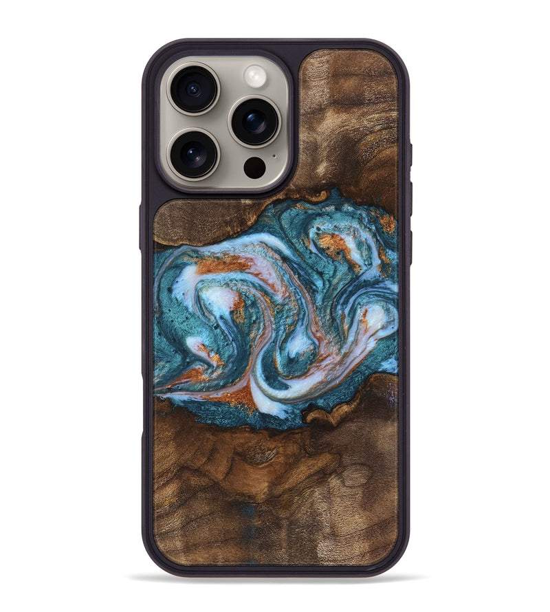 iPhone 16 Pro Max Wood Phone Case - Shelba (Teal & Gold, 747329)