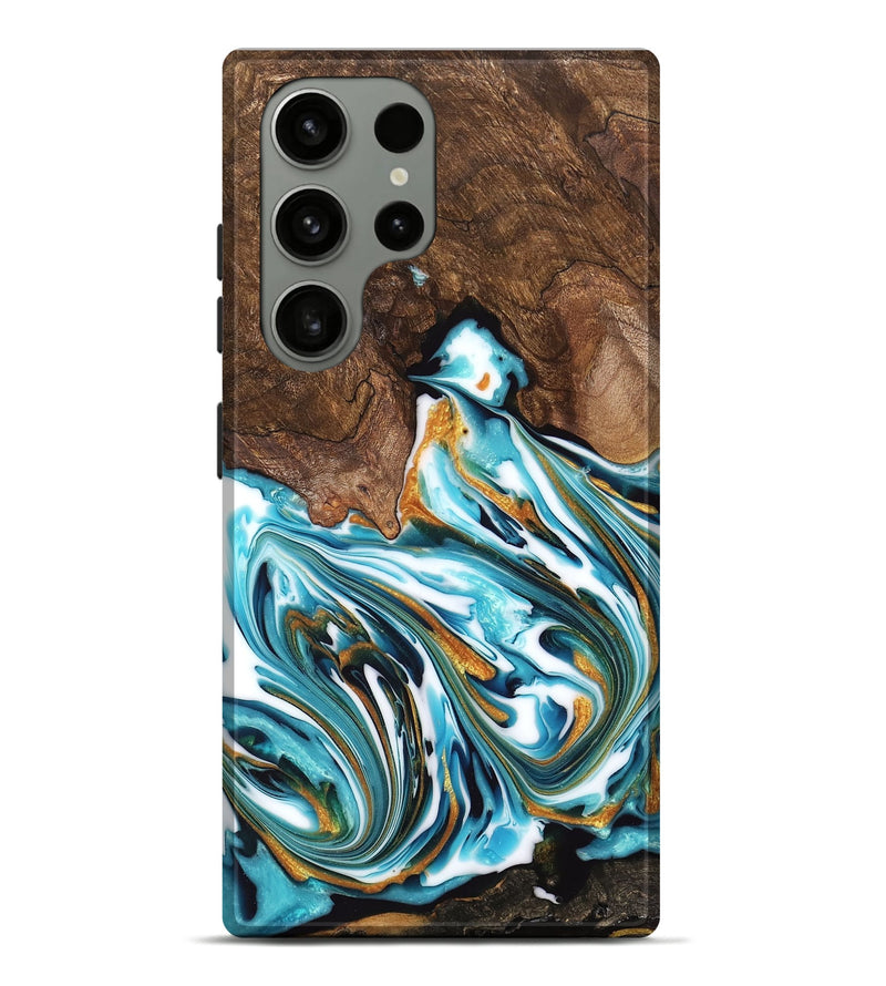 Galaxy S23 Ultra Wood Live Edge Phone Case - Kaia (Teal & Gold, 747487)