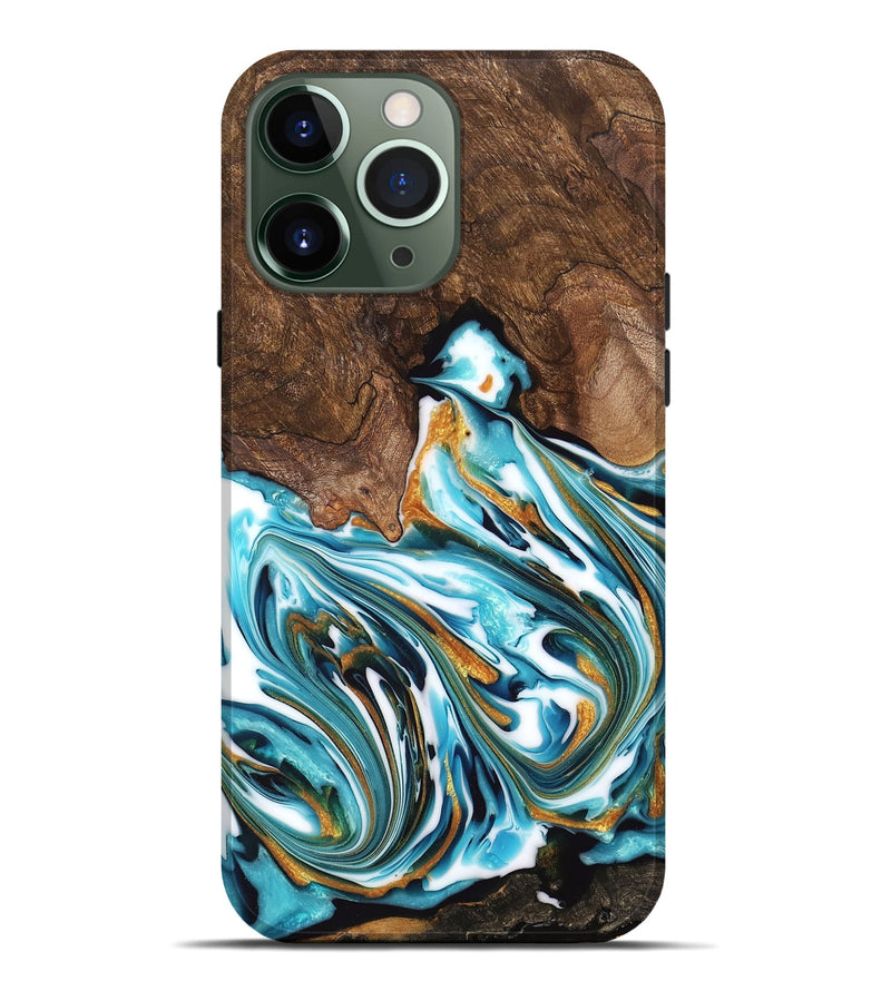 iPhone 13 Pro Max Wood Live Edge Phone Case - Kaia (Teal & Gold, 747487)