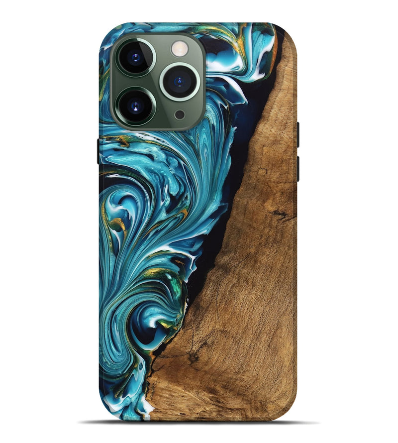 iPhone 13 Pro Max Wood Live Edge Phone Case - Marcie (Teal & Gold, 747488)