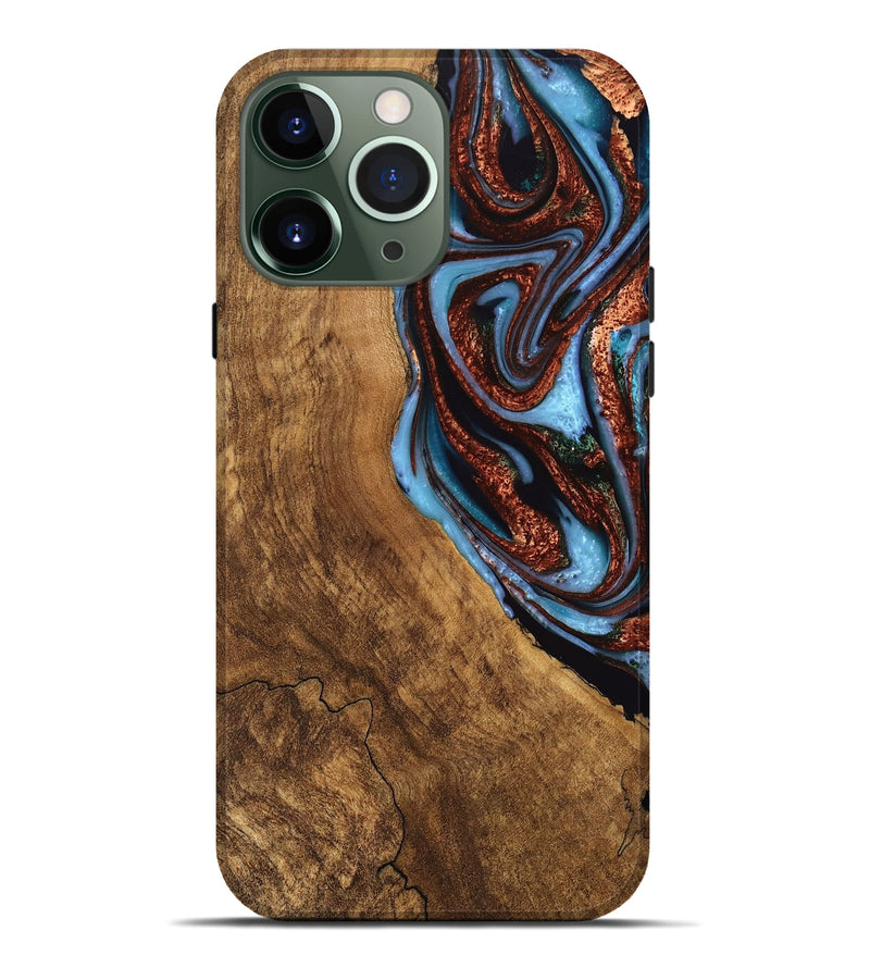 iPhone 13 Pro Max Wood Live Edge Phone Case - Kenya (Teal & Gold, 747495)