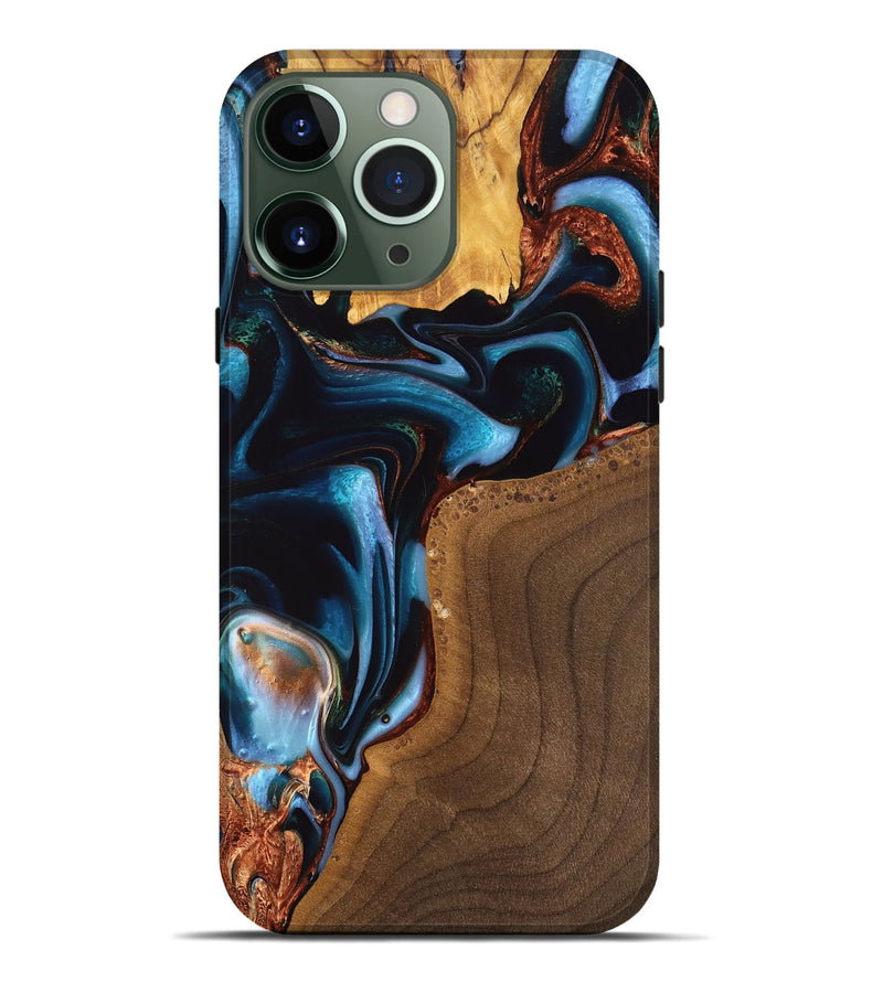 iPhone 13 Pro Max Wood Live Edge Phone Case - Willard (Teal & Gold, 747496)