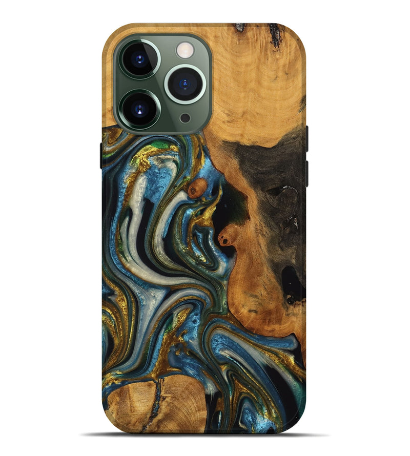 iPhone 13 Pro Max Wood Live Edge Phone Case - Lynda (Teal & Gold, 747503)