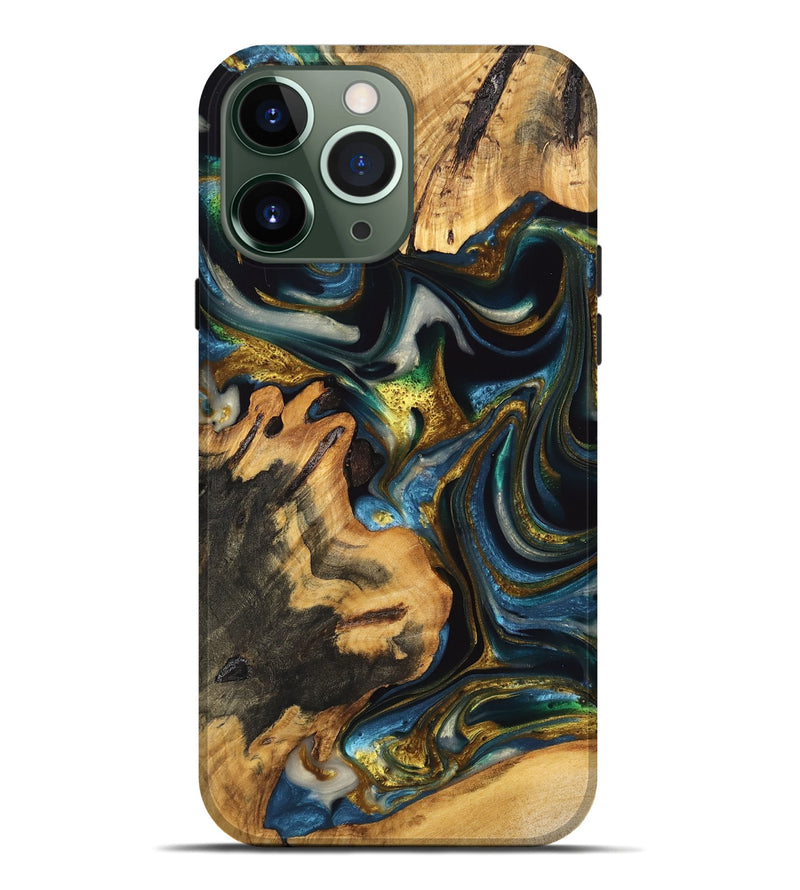 iPhone 13 Pro Max Wood Live Edge Phone Case - Tara (Teal & Gold, 747505)