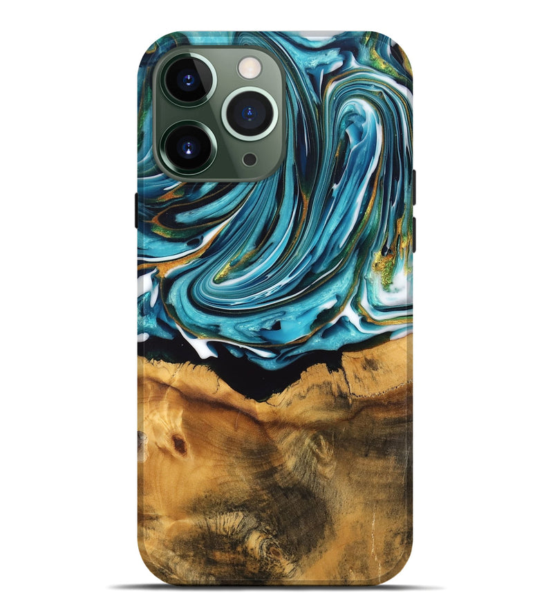 iPhone 13 Pro Max Wood Live Edge Phone Case - William (Teal & Gold, 747509)