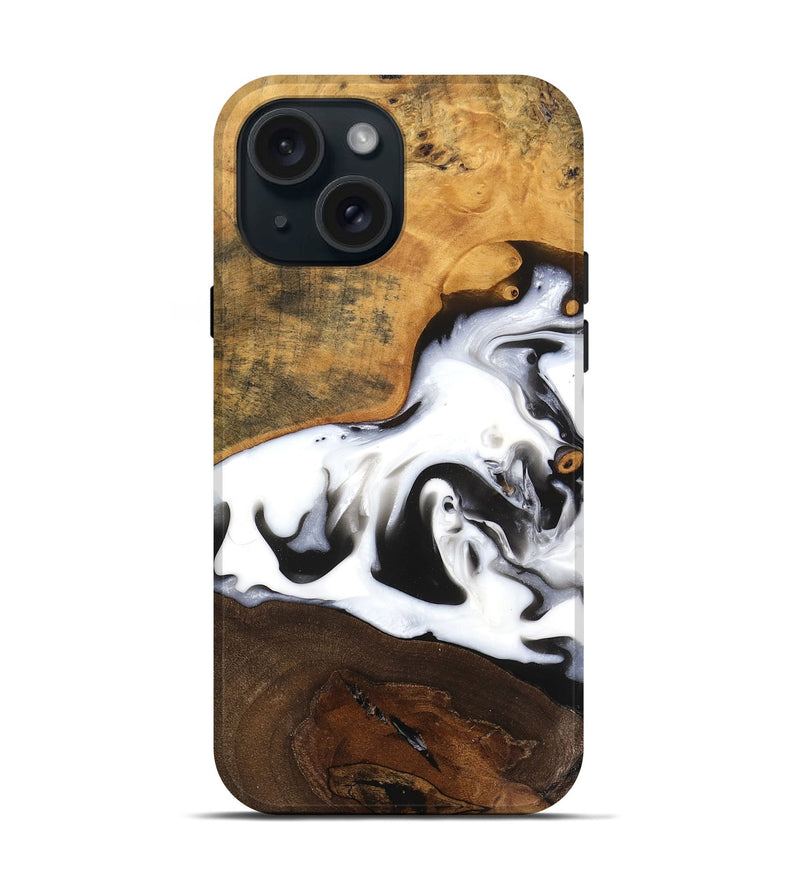 iPhone 15 Wood Live Edge Phone Case - Taniyah (Black & White, 748932)