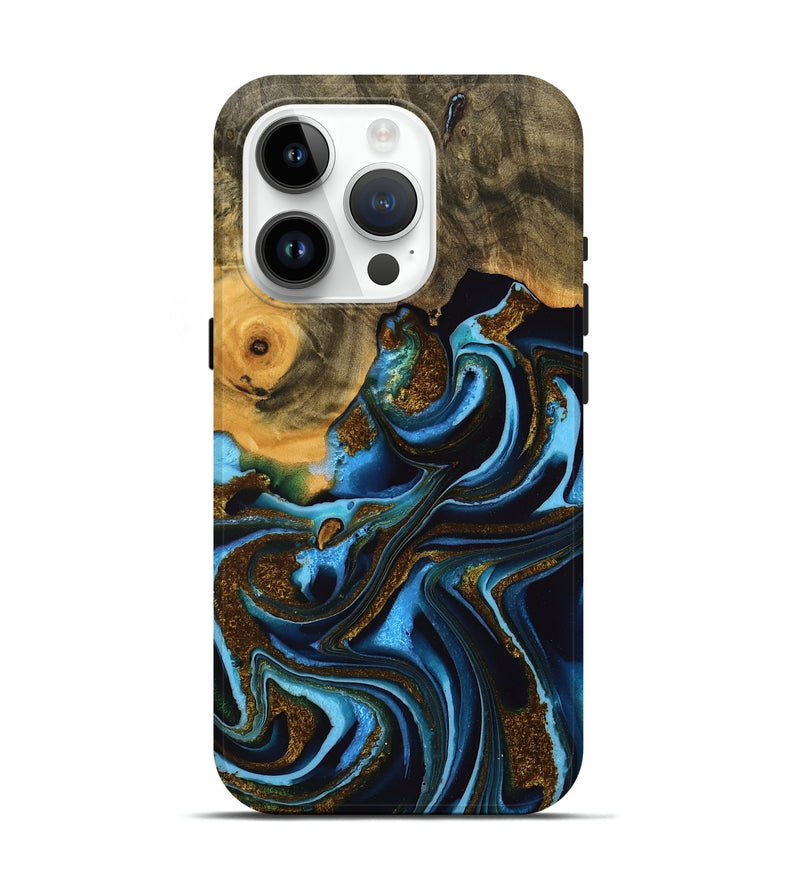 iPhone 15 Pro Wood Live Edge Phone Case - Jarod (Teal & Gold, 748935)