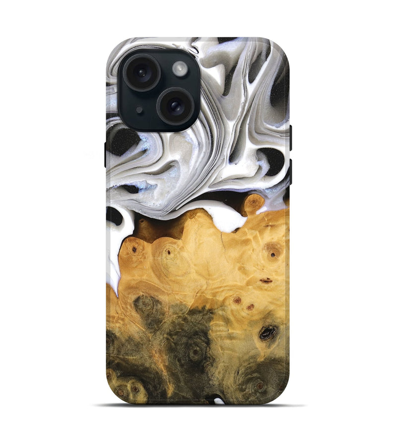 iPhone 15 Wood Live Edge Phone Case - Angeles (Black & White, 748942)