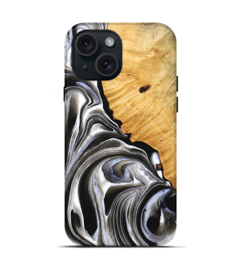 iPhone 15 Wood Live Edge Phone Case - Nyah (Black & White, 748943)