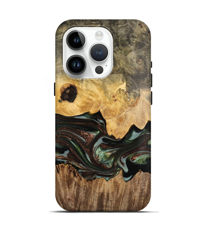 iPhone 15 Pro Wood Live Edge Phone Case - Austen (Teal & Gold, 748976)