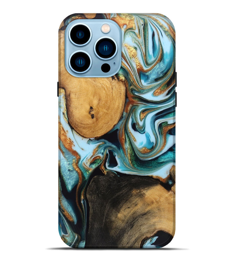 iPhone 14 Pro Max Wood Live Edge Phone Case - Koby (Teal & Gold, 750329)