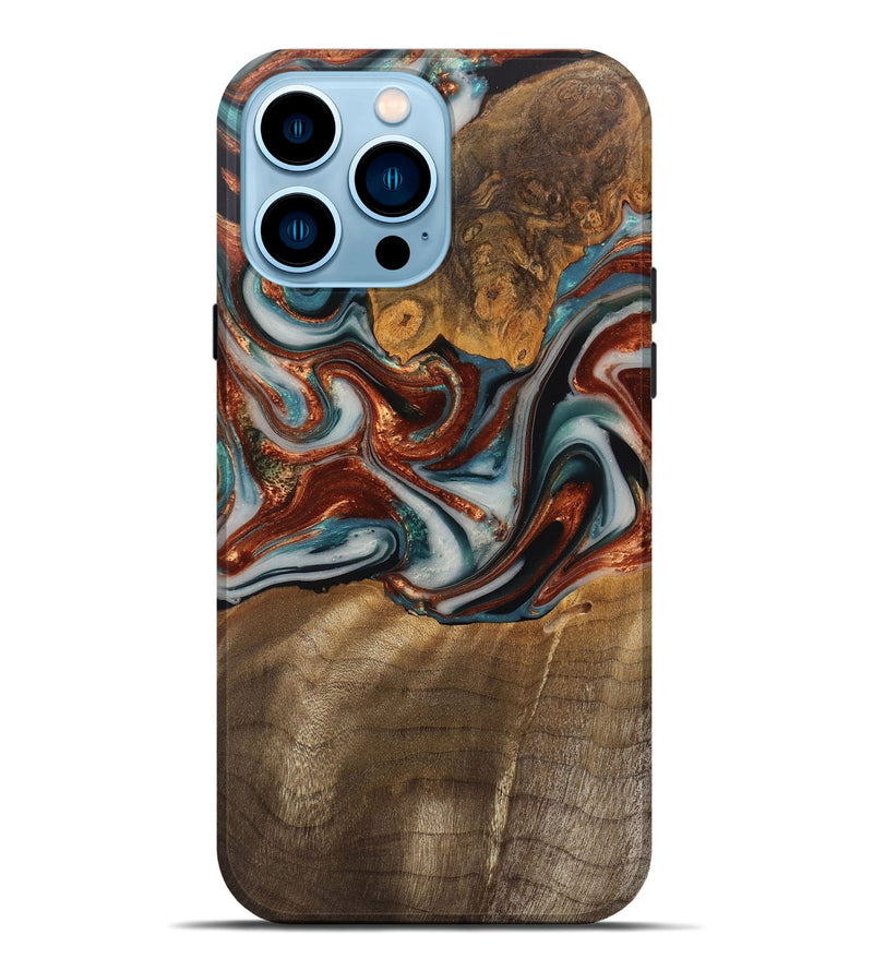 iPhone 14 Pro Max Wood Live Edge Phone Case - Agnes (Teal & Gold, 750360)