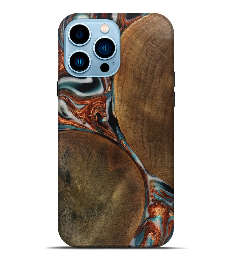 iPhone 14 Pro Max Wood Live Edge Phone Case - Rachael (Teal & Gold, 750364)