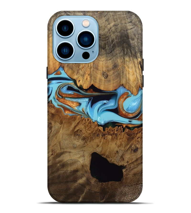 iPhone 14 Pro Max Wood Live Edge Phone Case - Arleth (Teal & Gold, 750368)