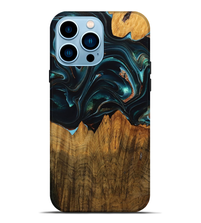 iPhone 14 Pro Max Wood Live Edge Phone Case - Tillman (Teal & Gold, 750720)