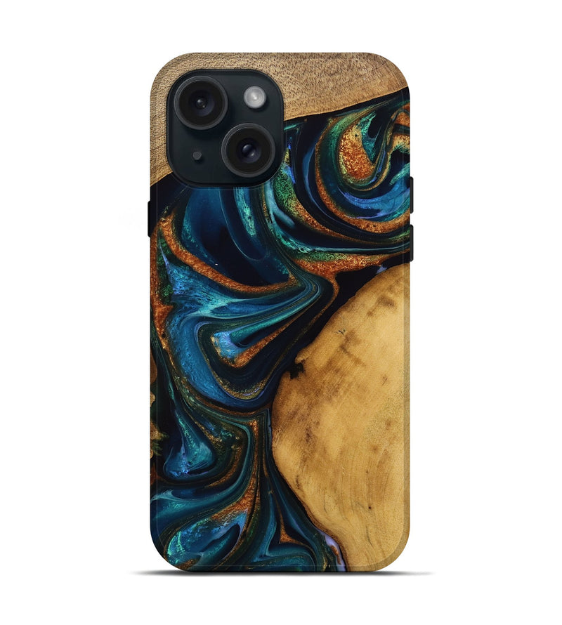 iPhone 15 Wood Live Edge Phone Case - Adrien (Teal & Gold, 751345)