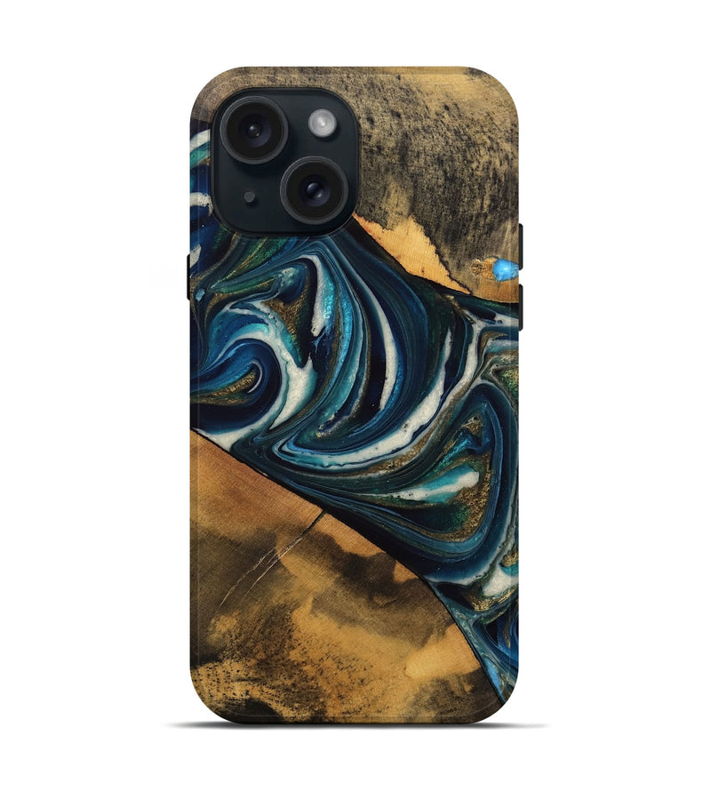 iPhone 15 Wood Live Edge Phone Case - Marjory (Teal & Gold, 751349)