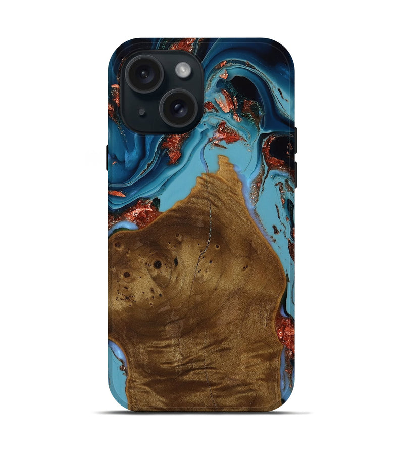 iPhone 15 Wood Live Edge Phone Case - Donavan (Teal & Gold, 751673)