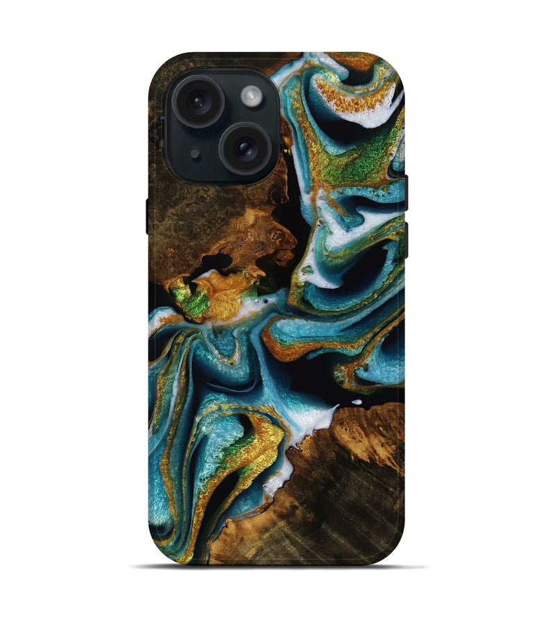 iPhone 15 Wood Live Edge Phone Case - Shiloh (Teal & Gold, 751684)