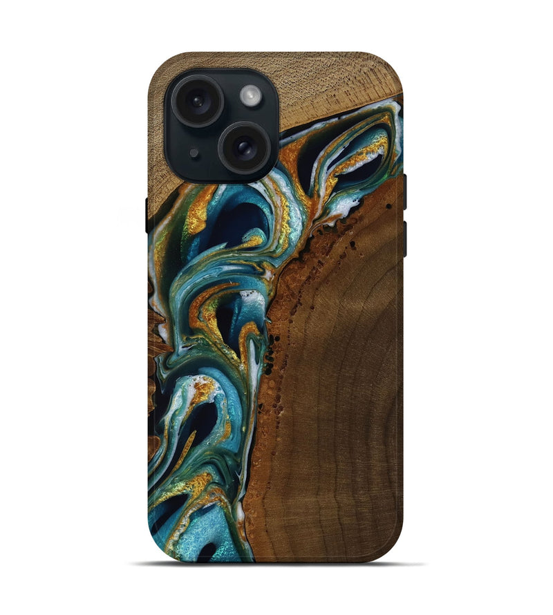 iPhone 15 Wood Live Edge Phone Case - Kyan (Teal & Gold, 751685)