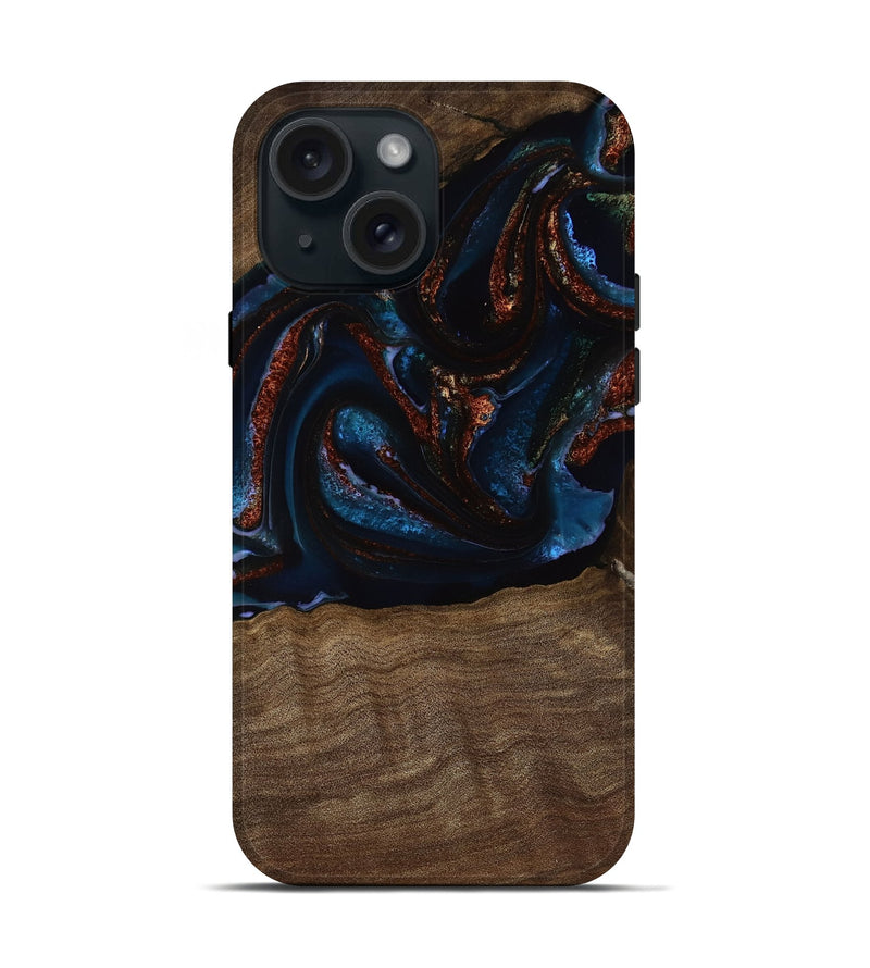 iPhone 15 Wood Live Edge Phone Case - Nedra (Teal & Gold, 751693)