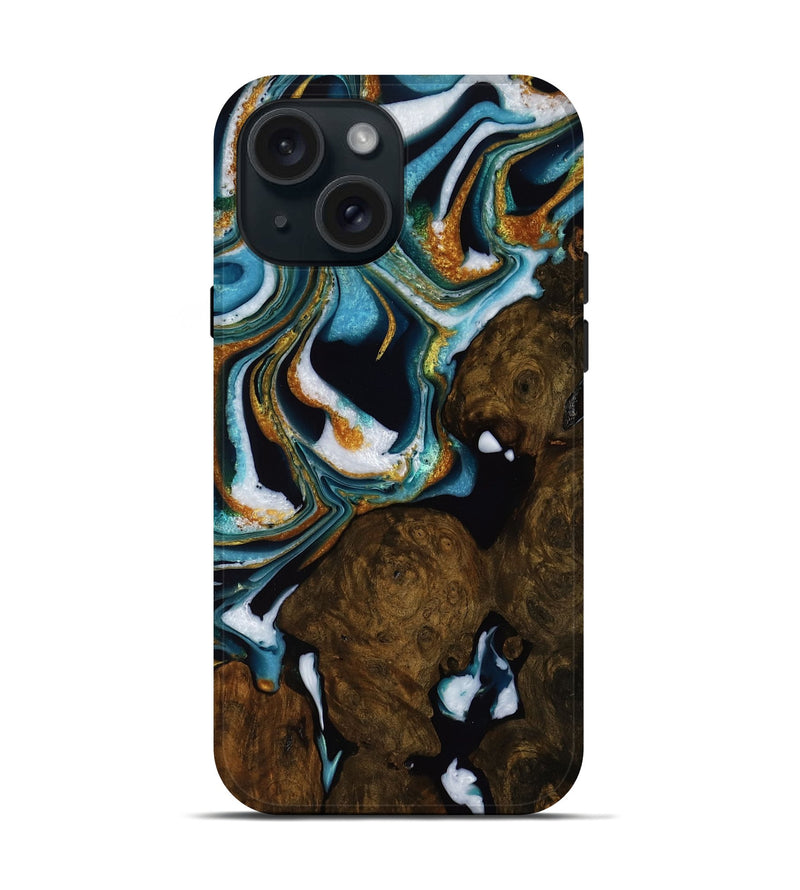 iPhone 15 Wood Live Edge Phone Case - Adele (Teal & Gold, 751694)