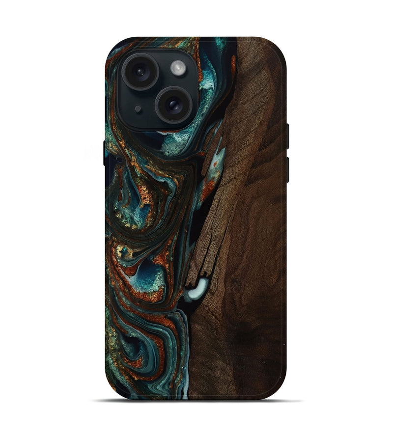 iPhone 15 Wood Live Edge Phone Case - Danette (Teal & Gold, 751697)