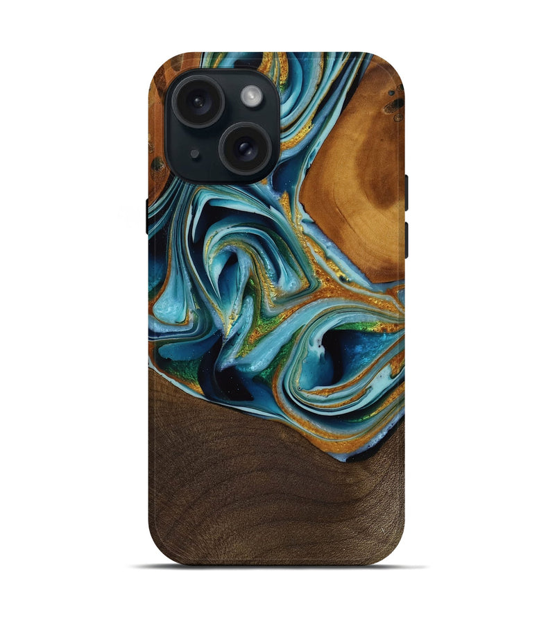 iPhone 15 Wood Live Edge Phone Case - Estelle (Teal & Gold, 751701)