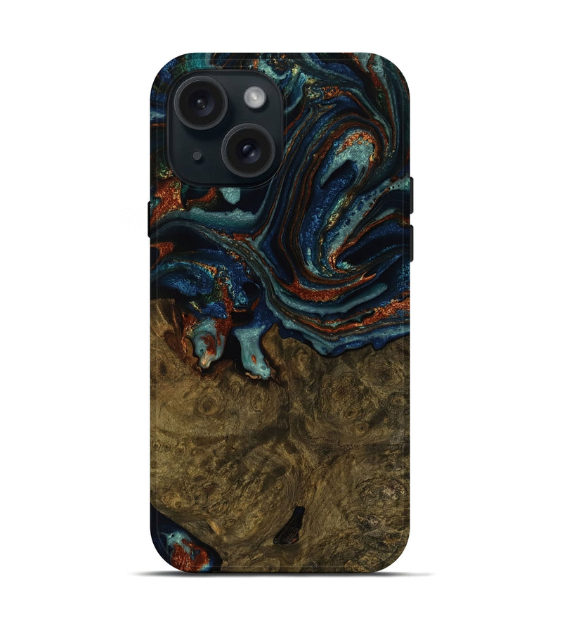 iPhone 15 Wood Live Edge Phone Case - Seymour (Teal & Gold, 751706)