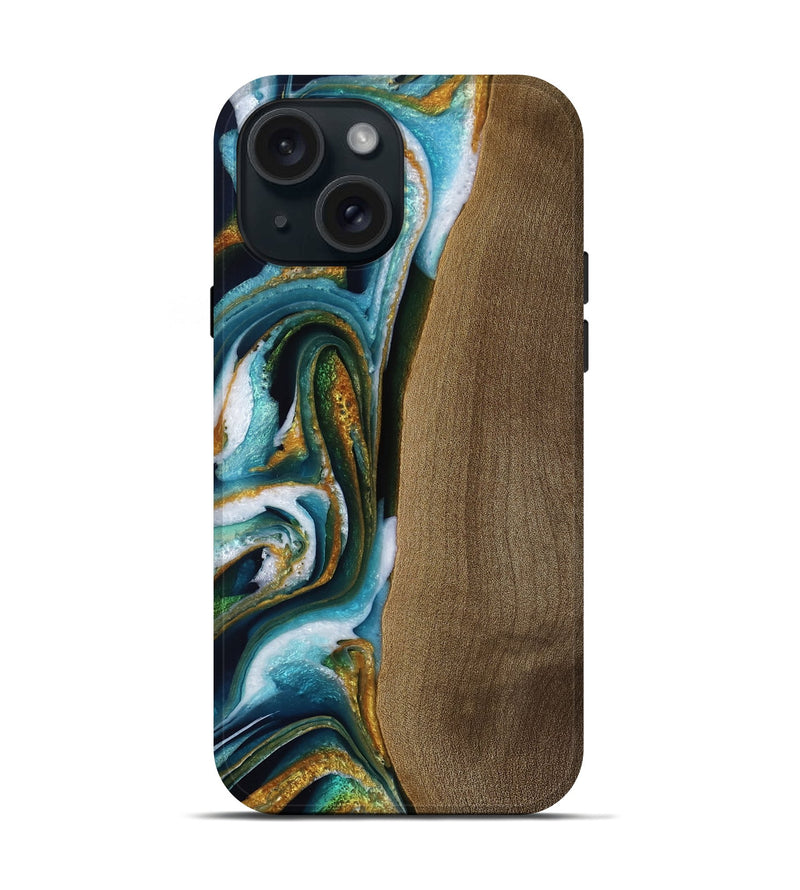 iPhone 15 Wood Live Edge Phone Case - Lily (Teal & Gold, 751713)