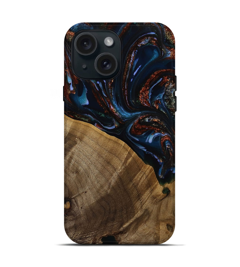 iPhone 15 Wood Live Edge Phone Case - Makai (Teal & Gold, 751718)