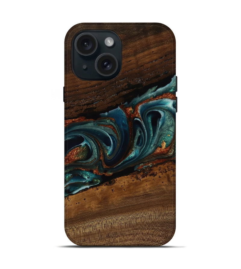 iPhone 15 Wood Live Edge Phone Case - Jaylin (Teal & Gold, 751722)