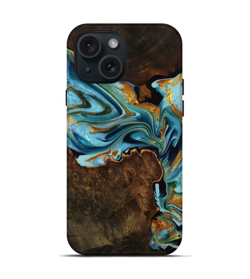 iPhone 15 Wood Live Edge Phone Case - Sariyah (Teal & Gold, 751726)