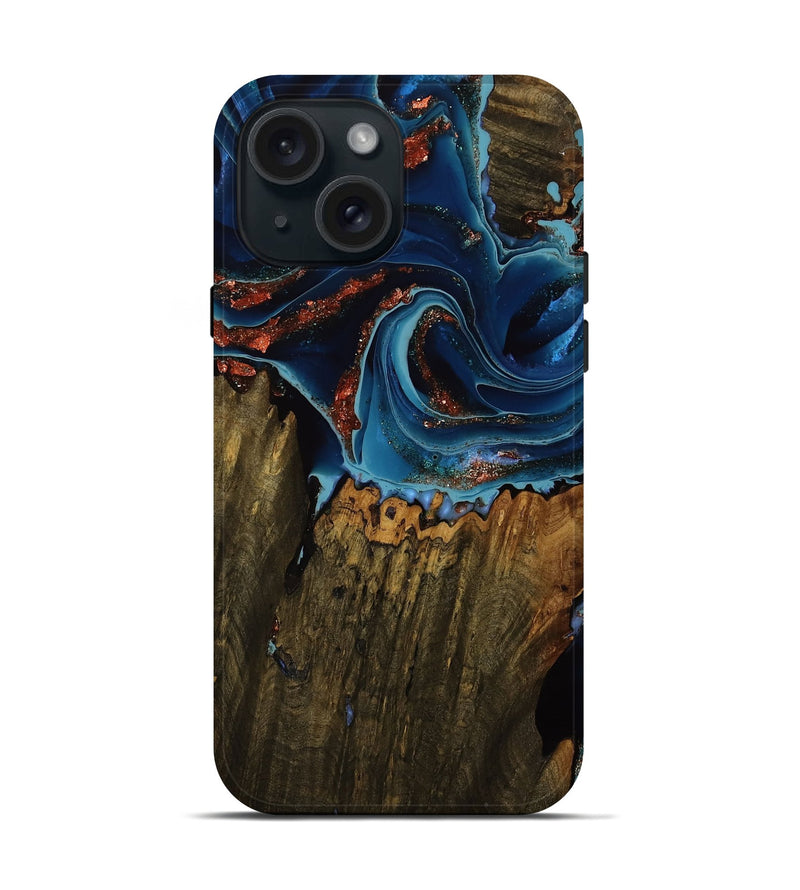 iPhone 15 Wood Live Edge Phone Case - Timothy (Teal & Gold, 752516)