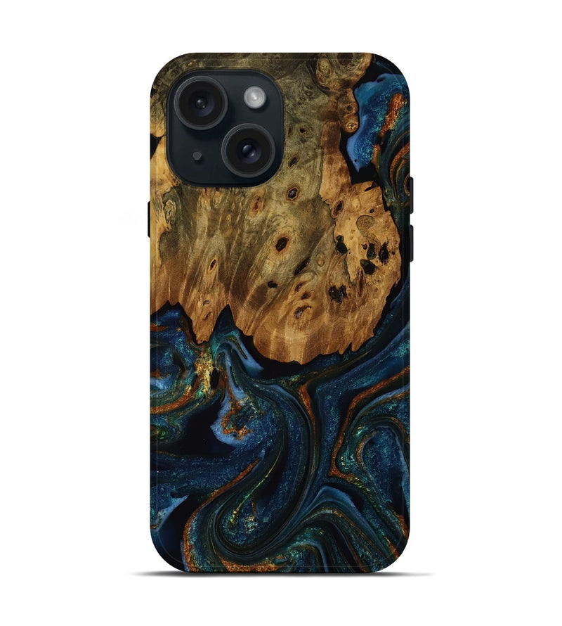 iPhone 15 Wood Live Edge Phone Case - Shelbie (Teal & Gold, 752693)