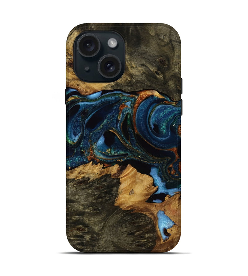 iPhone 15 Wood Live Edge Phone Case - Lucie (Teal & Gold, 752695)