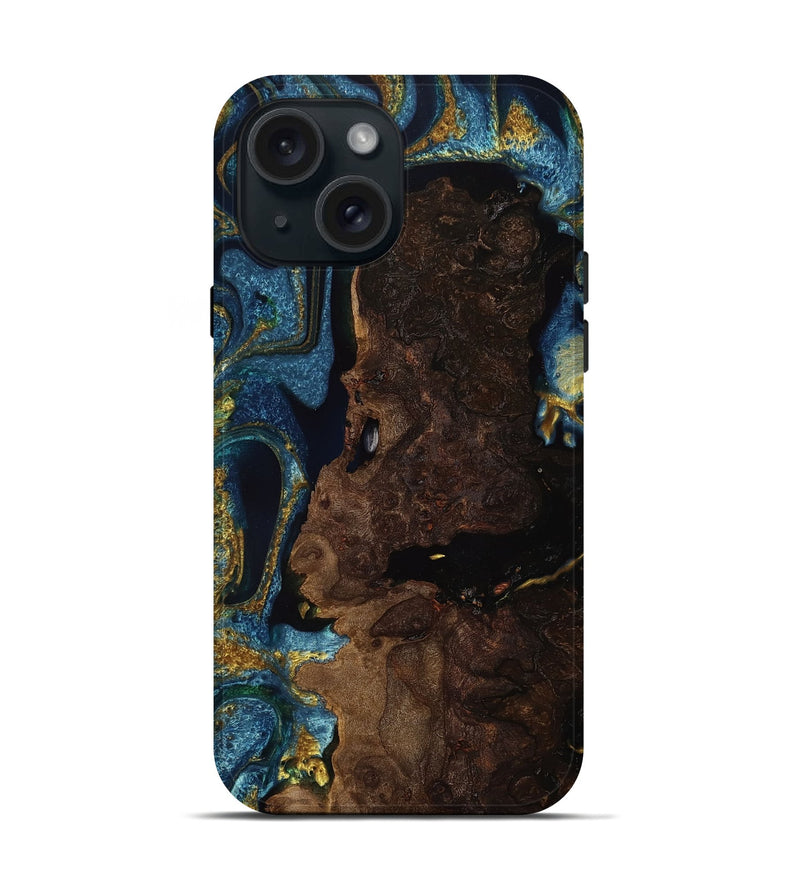 iPhone 15 Wood Live Edge Phone Case - Albin (Teal & Gold, 753476)