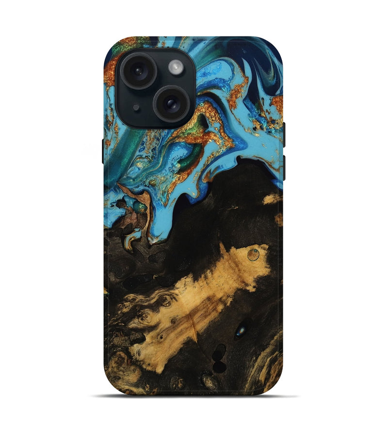 iPhone 15 Wood Live Edge Phone Case - Kale (Teal & Gold, 753479)