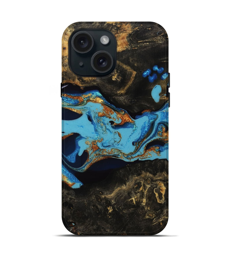 iPhone 15 Wood Live Edge Phone Case - Arlette (Teal & Gold, 753480)