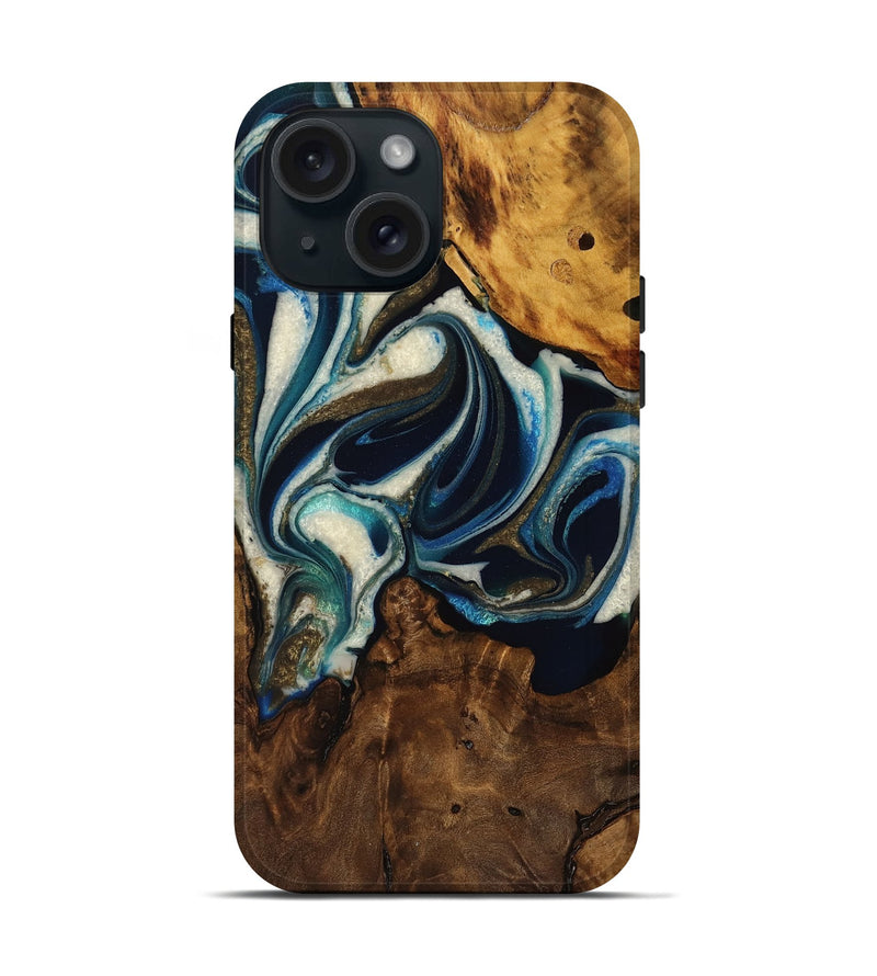 iPhone 15 Wood Live Edge Phone Case - Sonny (Teal & Gold, 753501)