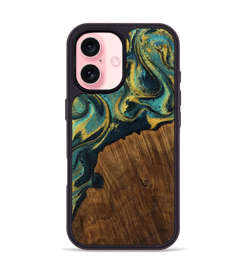 iPhone 16 Wood Phone Case - Kamron (Teal & Gold, 753652)