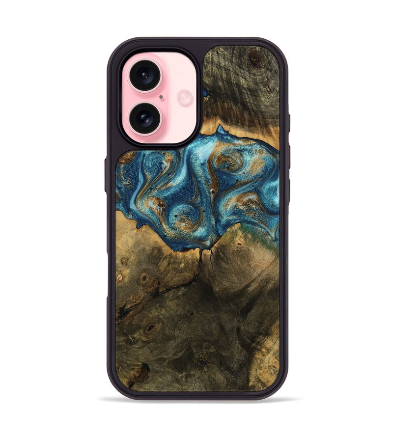 iPhone 16 Wood Phone Case - Renee (Teal & Gold, 753670)