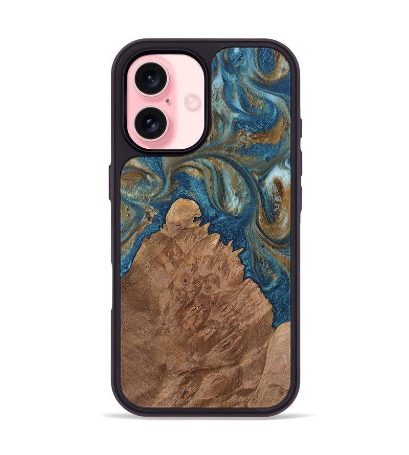 iPhone 16 Wood Phone Case - Emmet (Teal & Gold, 753684)